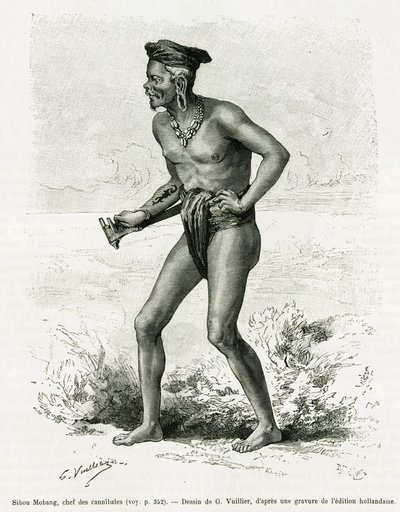Sibou Mobang, sjef for kannibaler. Gravering av G.Vuillier, for å illustrere historien De Koutei a Bandjirmasin, reise gjennom Borneo, av Carl Bock, i le tour du monde 1890, regissert av Edouard Charton (1807-1890), Hachette, Paris. av Gaston Vuillier