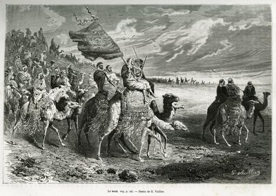 Berak, flagget til Emir Ibn Al Rashid (1872-1890) (Saudi-Arabia). Gravering av G.Vuillier, for å illustrere historien "" pelerinage au Nedjed, den arabiske rasens vugge"", av Lady Anna Blunt, i 1878-1879, publisert i Tour du monde, under ledelse av Gaston Vuillier