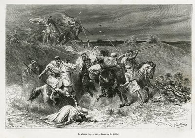 Ghazou, eller razzia, plyndrer med en hånd. Gravering av G.Vuillier, for å illustrere historien "" pelerinage au Nedjed, den arabiske rasens vugge"", av Lady Anna Blunt, i 1878-1879, publisert i Tour du monde, under ledelse av Edouard Charton (1807- av Gaston Vuillier