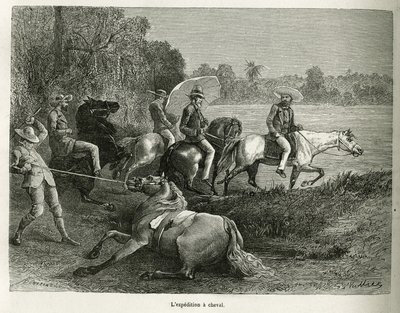 Ekspedisjonen på hesteryggen for utforskning av Terable-dalen, gravering etter en tegning av G.Vuillier, for å illustrere historien De Cayenne aux Andes, av Jules Crevaux, lege for den franske marinen, i 1878-1879, publisert i omvisningen du monde, unde av Gaston Vuillier