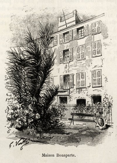 Fasaden til huset Bonaparte, der Napoleon Bonaparte (1769-1821) ikke er. Gravering og historie "" La Corse"" av Gaston Vuillier (1845-1915), i 1890, i Le tour du monde, nouveau journal des voyages, under ledelse av Edouard Charton (1807-189) av Gaston Vuillier