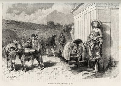 Fontenen til Rossello, i Sassari (Italia). Daglige aktiviteter, kvinne som fyller en criche og vannbærere med eslene sine, fyller tønnene. Gravering og historie "" La Sardaigne"" av Gaston Vuillier (1845-1915), i 1890, i Le tour du monde, nouv av Gaston Vuillier