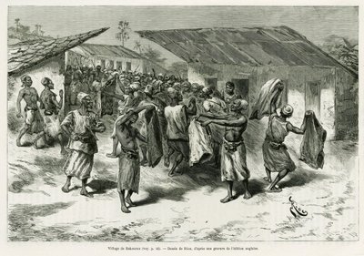 Landsbyen Bakourou, urbefolkningen tilbys gaver for fredsforhandlinger. Gravering av G.Vuillier, for å illustrere historien Dans les tenebres de l