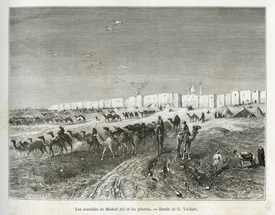 Veggene til Meshed Ali (Ali Ibn Abi Talib, død i 661, fetter, disippel og svigersønn til Muhammed (570-632)) ligger i moskeen i Najaf (Irak) og pelerinene samles for å feire den første og far til alle imamer. Gravering av G.Vuillier, til il av Gaston Vuillier