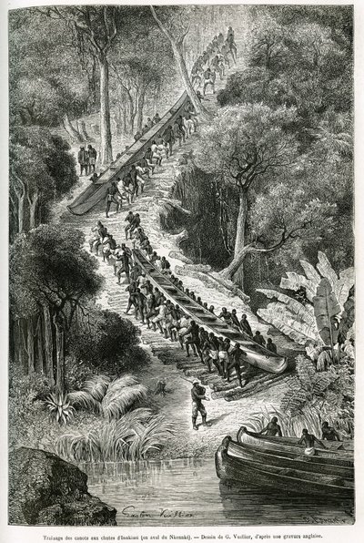 Traggende kanoer ved Innkissi Falls (eller Livingstone Falls) (Kongo), under ledelse av Sir H.M.Stanley (1841-1904), tegnet av G.Vuillier, for å illustrere historien «Through the Mysterious Continent», en reise foretatt mellom 1874 -1877, av Sir H.M.Stanle av Gaston Vuillier