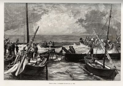 Tunfiske (mattanza): dødskammeret, tunfiskpresser på trange steder er dekket av fiskernes harpuner. Gravering og historie "" La Sardaigne"" av Gaston Vuillier (1845-1915), i 1890, i Le tour du monde, nouveau journal des voyages, under t. av Gaston Vuillier