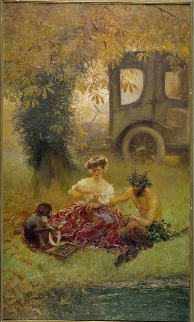 En ung kvinne assistert av en ape helbreder et dyreliv (maleri) av Gaston de la Touche