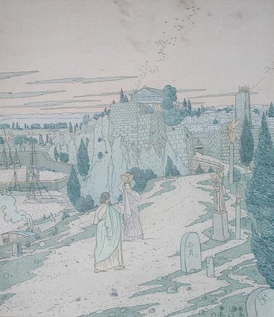 Ulysses møter gudinnen Minerva forkledd som en jente med en mugge, illustrasjon fra bok 6 av Odyssey, oversatt av Lecomte de l