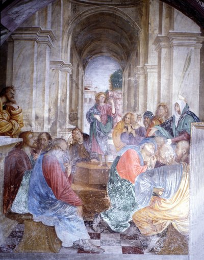 Diskusjon om Jesus med legene ved tempelet. Fresco av Gaudenzio Ferrari (1475 - 1546), kirken Santa Maria delle Grazie, Varallo. av Gaudenzio Ferrari