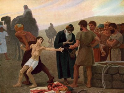 Joseph blir solgt til slaveri av sine sjalu brødre, ca. 1940 (farge litho) av Gebhard Fugel