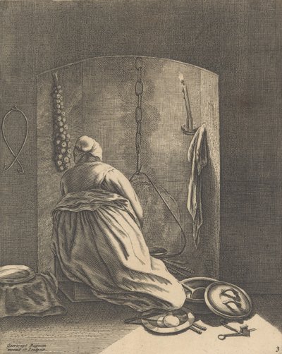 A Woman Cooking, plate 3 fra Five Feminine Occupations, ca. 1640-57., ca. 1640-57. av Geertruydt Roghman