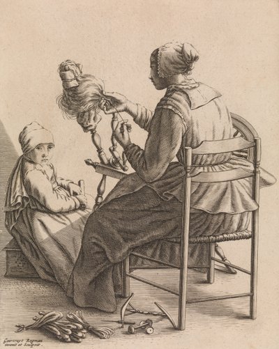 A Woman Spinning, tallerken 4 fra fem feminine yrker, ca. 1640-57. av Geertruydt Roghman