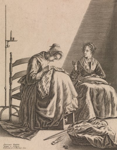 Two Women Sewing, Plate 1 fra Five Feminine Occupations, ca. 1640-57. av Geertruydt Roghman