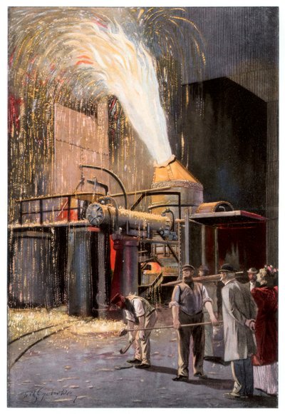 Avkarbonisering av råjern i en Bessemer-omformer, 1900. av Gehrke