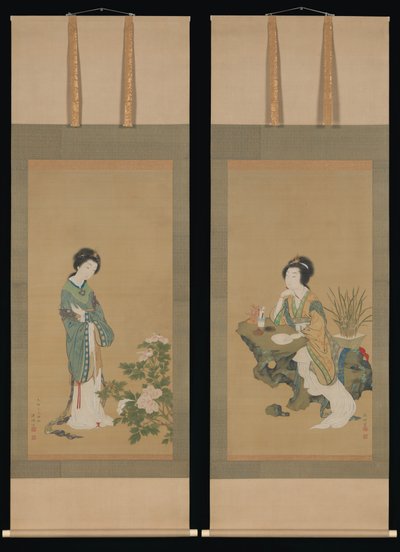 Yanji med orkideer og Yang Guifei med peoner, 1785. av Genki