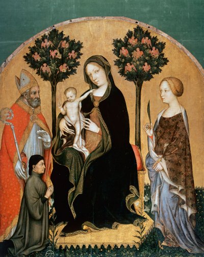 Madonna med barn og Saint Catherine, Saint Nicolas og donor (tempera på panel) av Gentile da Fabriano