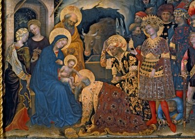 The Adoration of the Magi, detalj av Jomfru og barn med tre konger, 1423 tempera på panel av Gentile da Fabriano