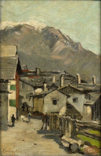 Hus langs en vei nær et fjell (Innsbruck?) av Geo Poggenbeek