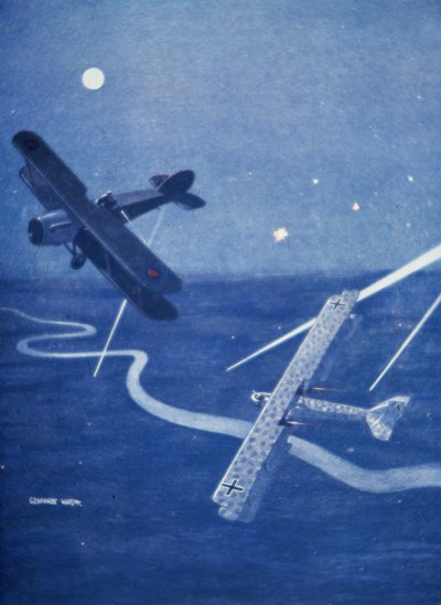 Bristol jagerfly angriper tysk Gotha bombefly over London om natten (farge litho) av Geoffrey Watson
