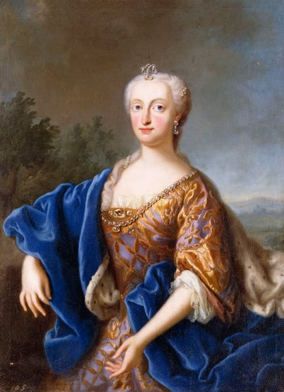 Portrett av Maria Amalia, stående trekvart lengde, iført en brodert kjole (olje på lerret) av Georg (circle of) Desmarees