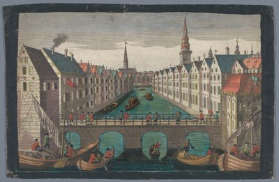 Utsikt over Nikolaifleet overfor Sankt Nikolaikirche i Hamburg Prospekt mot St. Nicolai Kirche zu Hamburg av Georg Balthasar Probst (possibly)