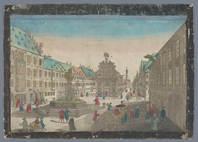 Utsikt over vinmarkedet i Augsburg Prospekt av vinmarkedet opp Saltz Stadel mot S. Ulrich til Augspurg (tittel på objekt) av Georg Balthasar Probst (possibly)