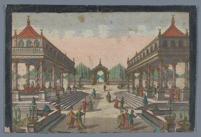 Utsikt over en søylegang mot en sypresshage i Konstantinopel Colonnata i Groß-Sultans Lust-Garten av Georg Balthasar Probst (possibly)