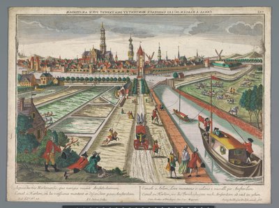 Utsikt over Amsterdam-kanalen i Haarlem Canal zu Harlem, gift med Threckschuijten etter Amsterdam ab und zu gehen (tittel på objekt) Haarlem (serietittel) av Georg Balthasar Probst