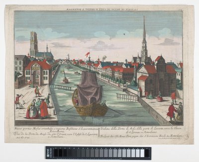 Utsikt over Wester Oude Hoofdpoort og Ooster Oude Hoofdpoort i Rotterdam Prospect der Ost Maas Port, gegen der S.Lorenzen Kirch zu Roterdam (tittel på objekt) Rotterdam (serietittel) av Georg Balthasar Probst