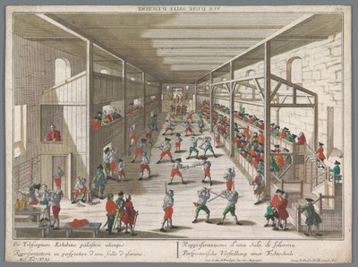 Utsikt over en fekteskole Perspectivische Vorstellung einer Fechtschule (tittel på objekt) Turnerings- og fekteskoler (serietittel) av Georg Balthasar Probst
