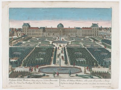Utsikt over Palais des Tuileries i Paris sett fra Jardin des Tuileries Gesicht des Pallasts Thuilleries genannt, av seiten des Gartens zu Paris (tittel på objekt) Paris (serietittel) av Georg Balthasar Probst