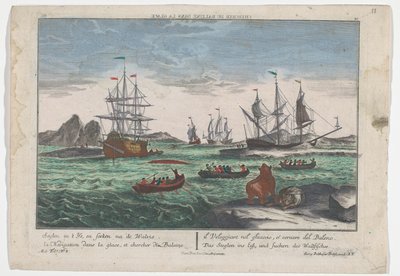Utsikt over søket etter hvalene Das Seeglen ins Eiß, und Suchen des Wallfisches (tittel på objekt) Hvalfangst utenfor Grønland (serietittel) av Georg Balthasar Probst