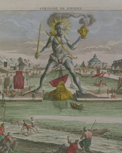 The Colossus of Rhodos, detalj av statuen som går over inngangen til havnen graveringsdetalj av 87200 av Georg Balthasar Probst