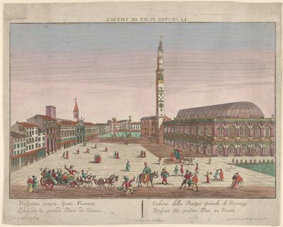 Utsikt over Piazza dei Signori i Vicenza med hestevogner og figurer ..., ca. 1750-1801. av Georg Balthasar Probst