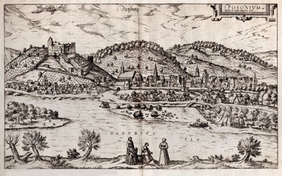 Pressburg Bratislava. Fra: World Earthquake, 1588 av Georg Braun und Franz Hogenberg