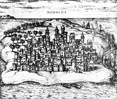 Utsikt over Mombaza, fra Georg Brauns Civitates orbis terrarum, publisert i 1572 graveringsdetalj av 483404 av Georg Braun und Franz Hogenberg