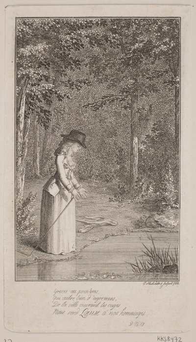 En ung dame står i en skog ved vannkanten av Georg Christian Schule