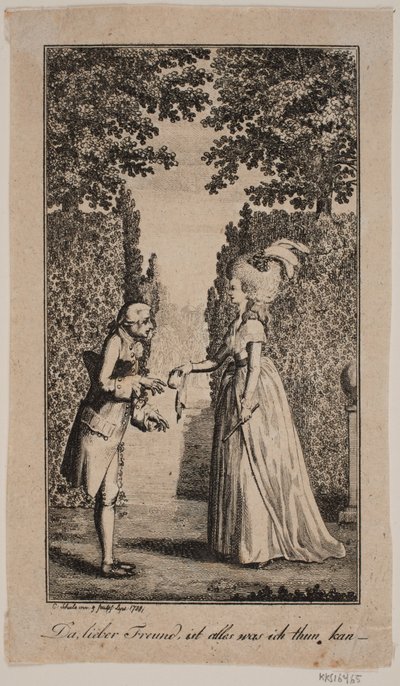 Illustrasjon med dame og herre i en park av Georg Christian Schule