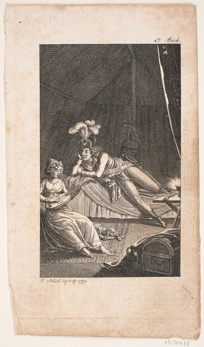 Illustrasjon med en dame som spiller lutt for en herre i et telt av Georg Christian Schule