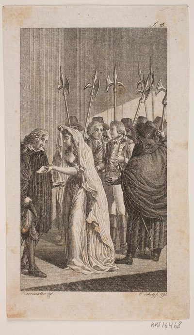 Illustrasjon av en ung dame som gir et brev til en eldre mann. I bakgrunnen to herrer omringet av byvakter av Georg Christian Schule