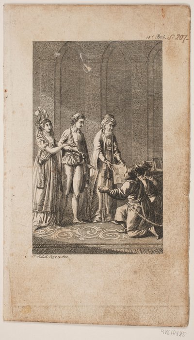 Illustrasjon med et ungt par med en orientalsk og tre knelende tyrkiske soldater av Georg Christian Schule