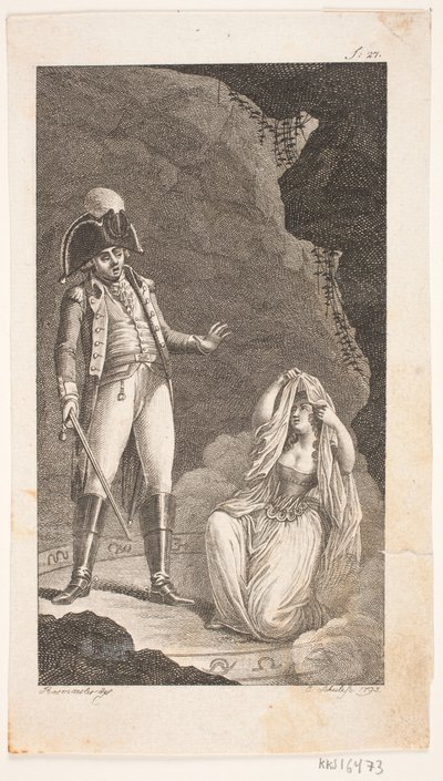 Illustrasjon med offiser og knelende dame av Georg Christian Schule
