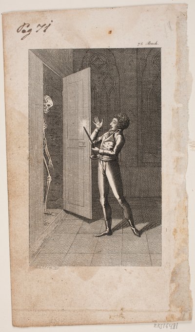 Illustrasjon med ung mann og skjelett av Georg Christian Schule