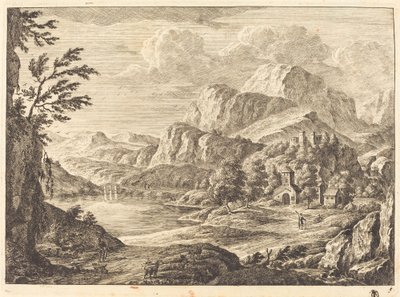 Fjelllandskap med et ødelagt slott og en buet bro i det fjerne av Georg Eisenmann