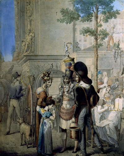 Kokosnøtthandler Porte Saint Denis i Paris. Gammel kjøpmann som selger kokosnøttkopper i gatene i Paris. Tegning av tyske George Emanuel Opitz (1775-1841), Paris. Carnavalet museum av Georg Emanuel Opitz