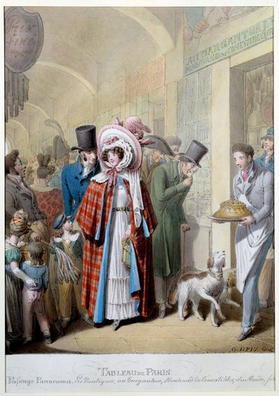 Passasjepanorama: 'Au gargantua: kjøpmann av spiselige du Mondains, forbipasserende, kjøpmenn og misereux i et galleri i 3. arrondissement i Paris. Gravering av George Emanuel Opitz (1775-1841) Paris fra 1800-tallet, Musee Carnavalet av Georg Emanuel Opitz