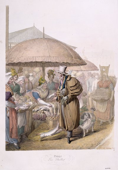 Markedene i Les Halles, 1831 (wc på papir) av Georg Emanuel Opitz