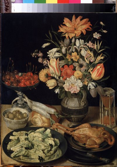 ""Stilleben med blomster, kylling, timeglass, oliven, kirsebær og kål"" (Stilleben med blomster og snacks) Maleri av Georg Flegel (1566-1638) 1630-1635 Dim. 52,5x41 cm Eremitagemuseet, St. Petersburg av Georg Flegel