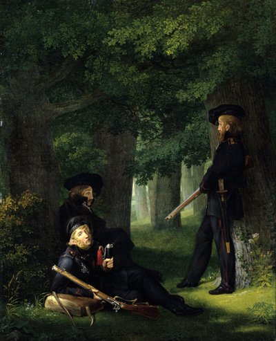 Tysk: Theodor Körner, Friedrich Friesen og Heinrich Hartmann ved utposten av Georg Friedrich Kersting