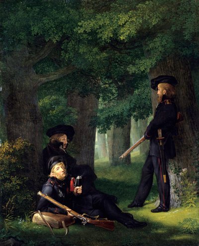 "" The Avant-Poste "" (Utposttjeneste) (Portretter av Theodor Koerner (1791-1813, prøyssisk poet og militærmann), Karl Friedrich Friesen (1784-1814, pedagog og fransk skytter) og Heinrich Hartmann) Maleri av Georg Friedrich Kersting (1785-1847) 1815 Dim 46 av Georg Friedrich Kersting